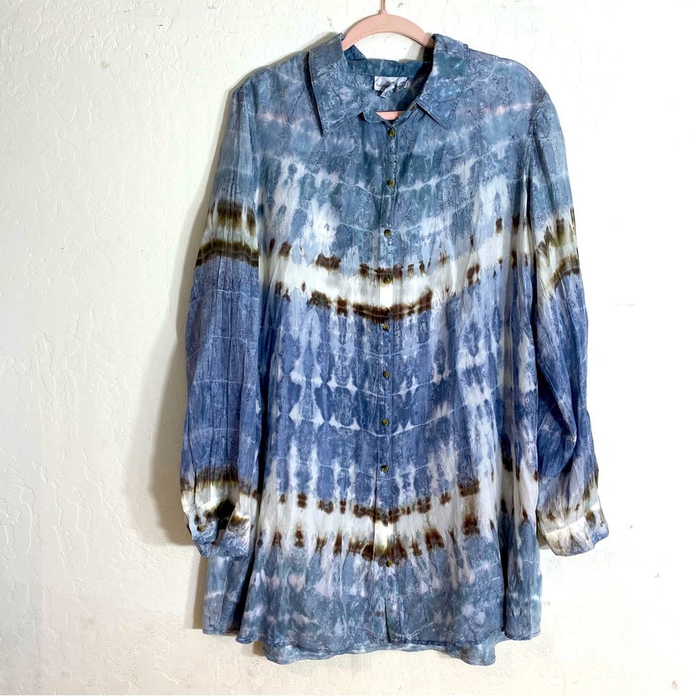 Soft Surroundings blue tie dye button front long sleeves tunic top 1X Silk